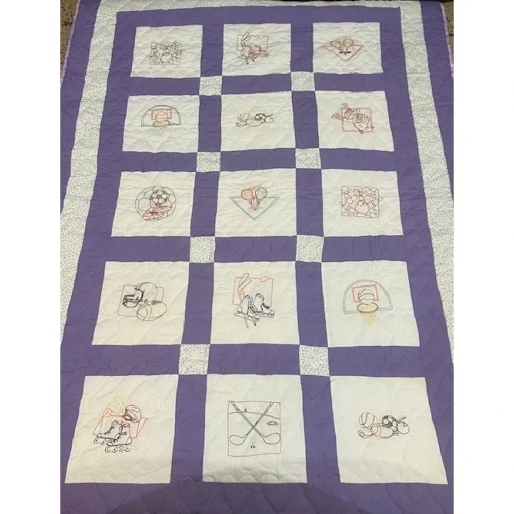 Quilt Machine Sown Quilted with Cross Stitched Blocks Sport Theme 58